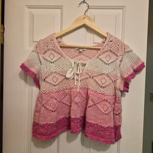 Francescas Pink Ombre Crochet Boho Peplum Top Short Sleeve V-Neck Tie Medium NWT